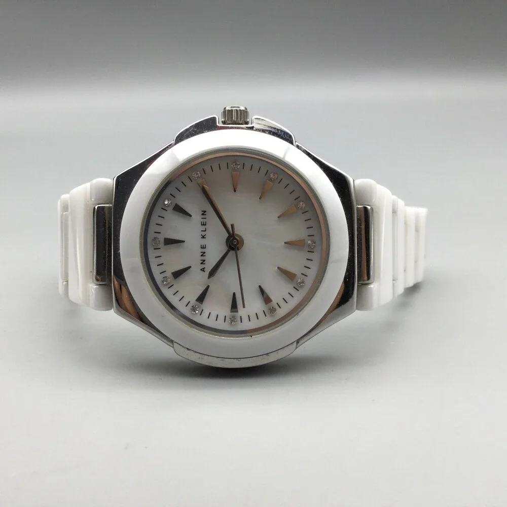 Anne Klein Watch Women 31mm Silver Tone White Cermaic MOP Dial New Battery 5.75